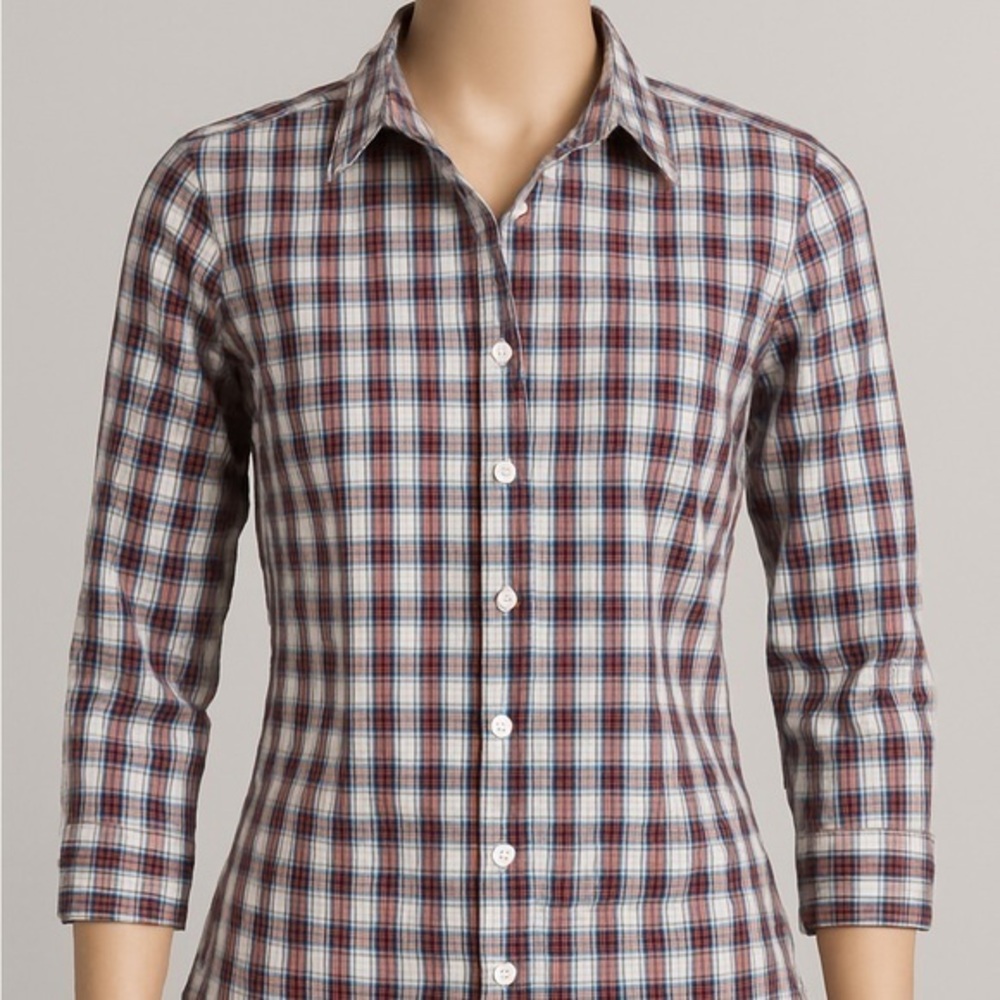 LL Bean Red White Plaid 3/4 Sleeve Pinpoint Oxford Button Wrinkle Free Shirt Lrg